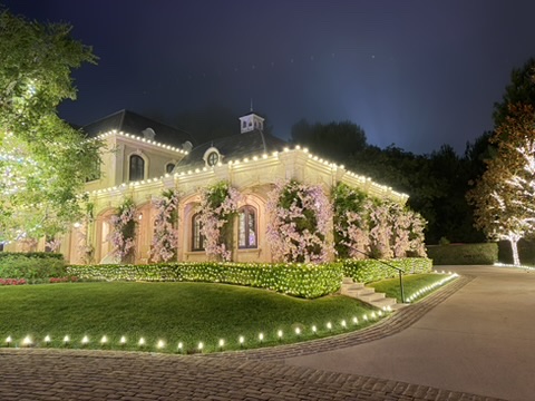 Holiday lights trace a home’s side wing, shrubs, trees and curved driveway